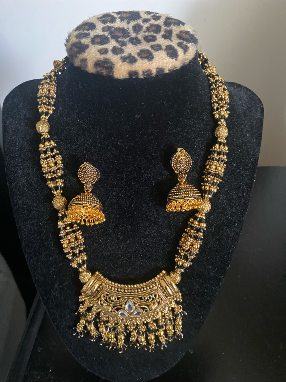 Gold-Tone Traditional Pendant Necklace and Jhumka Earrings Set